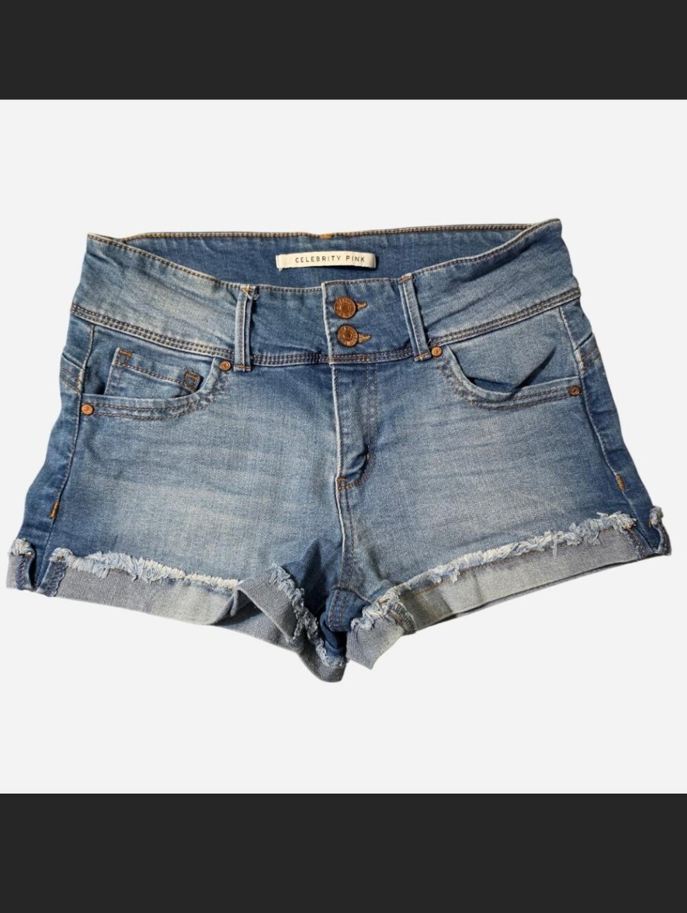 Xtra Wide belt faded mid-rise shorts w/ zipper,double buttons  by Celebrity Pink